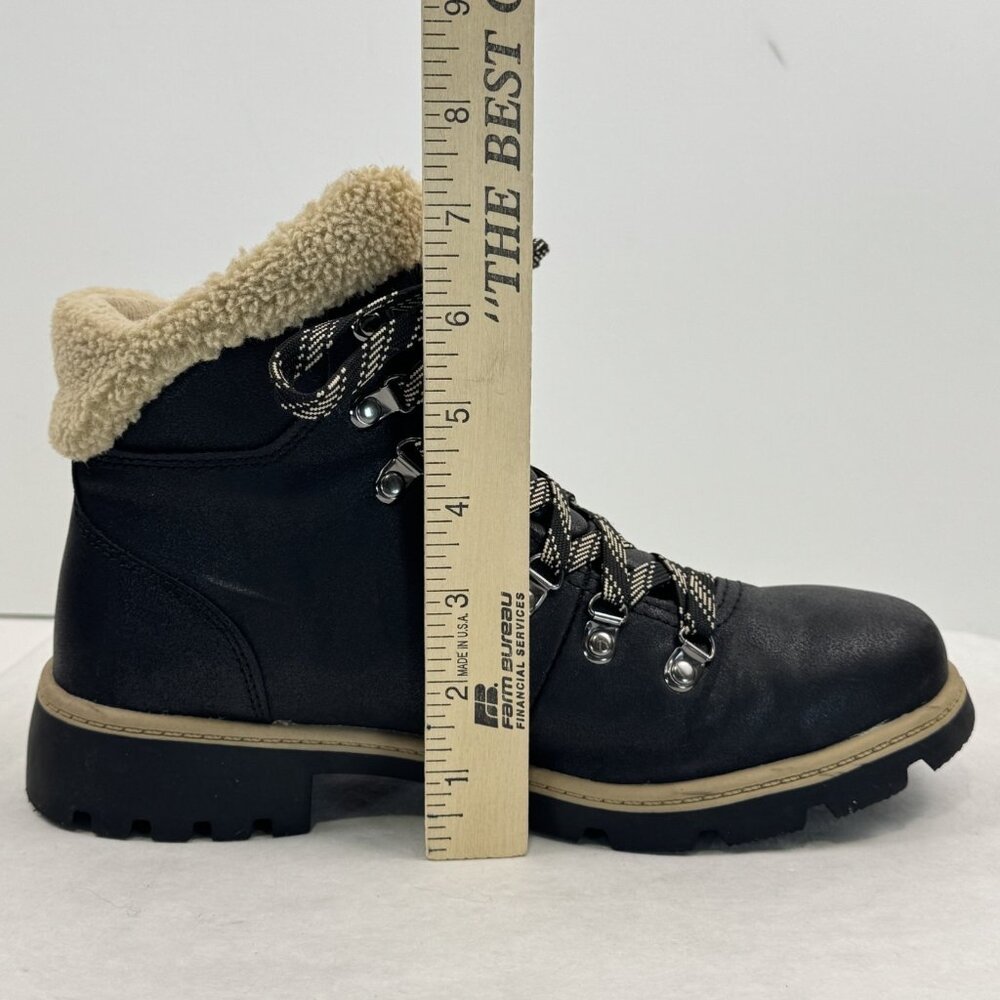 Time Tru Womens Size 8 Black Hiker Ankle Boots Sherpa Trim Lace Up Lug Sole - Picture 8 of 14